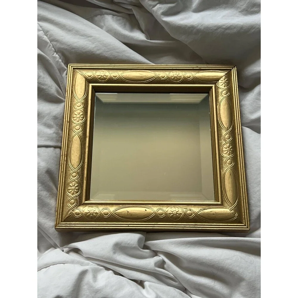Vintage Engraved Gold Framed Square Mirror